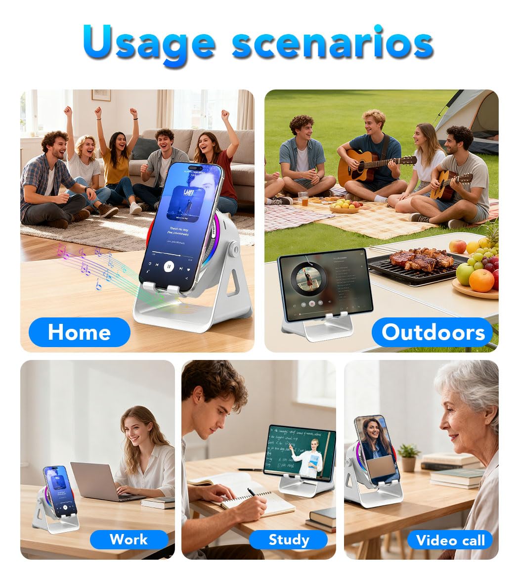 NIIFAWH Bluetooth Speaker, 4-in-1 Wireless Induction Speaker & RGB Light Stand Multi-Functional Phone Stand Instant-Connect Stereo Sound, 360° Adjustable Holder for iPhone/Android/iPad/Samsung (Weiß)