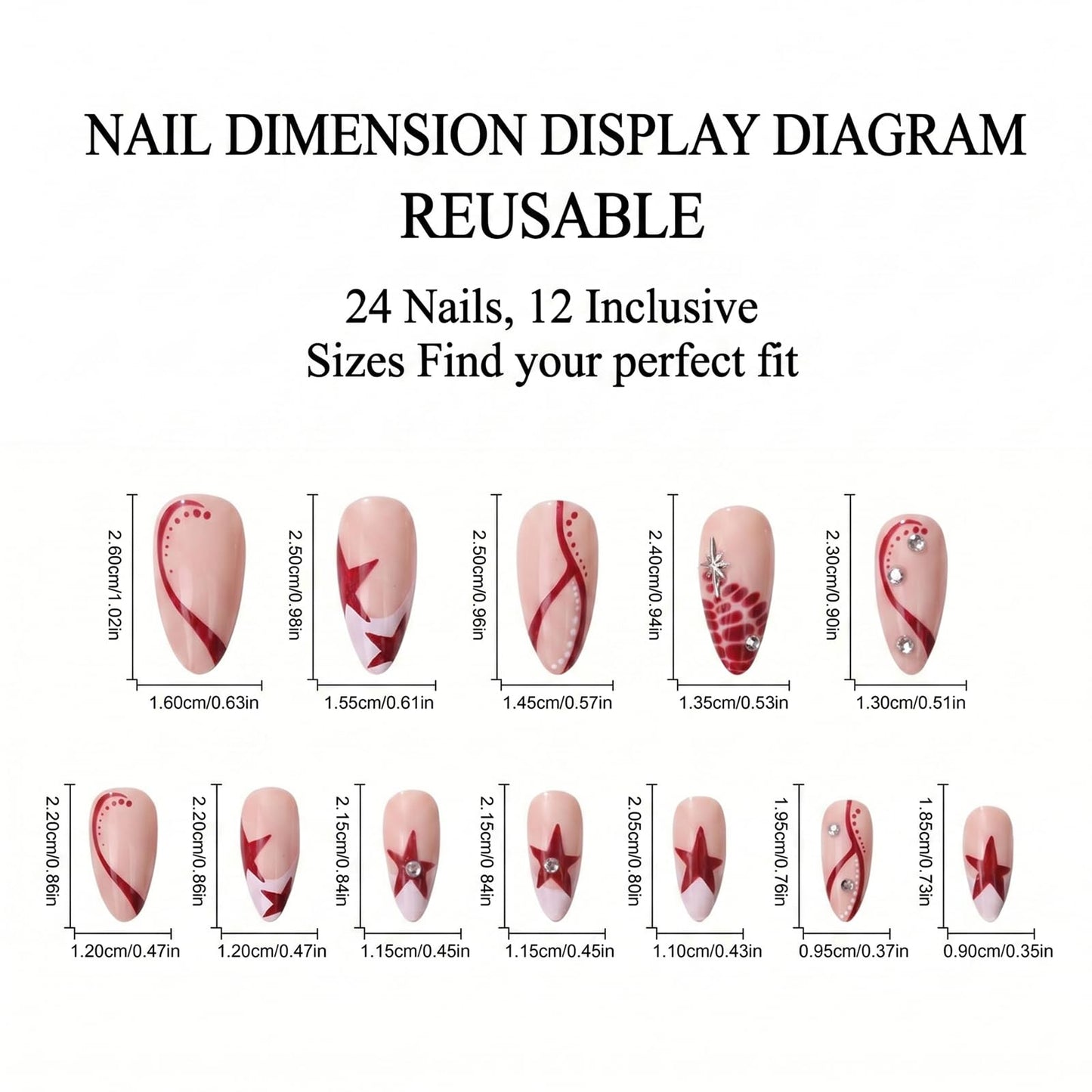 IMSOHOT Almond Press on Nails, Medium Fake Nails, Red Star Swirl Rhinestone Design, 24 Pcs Reusable Glue on Nails for Women, Salon Quality