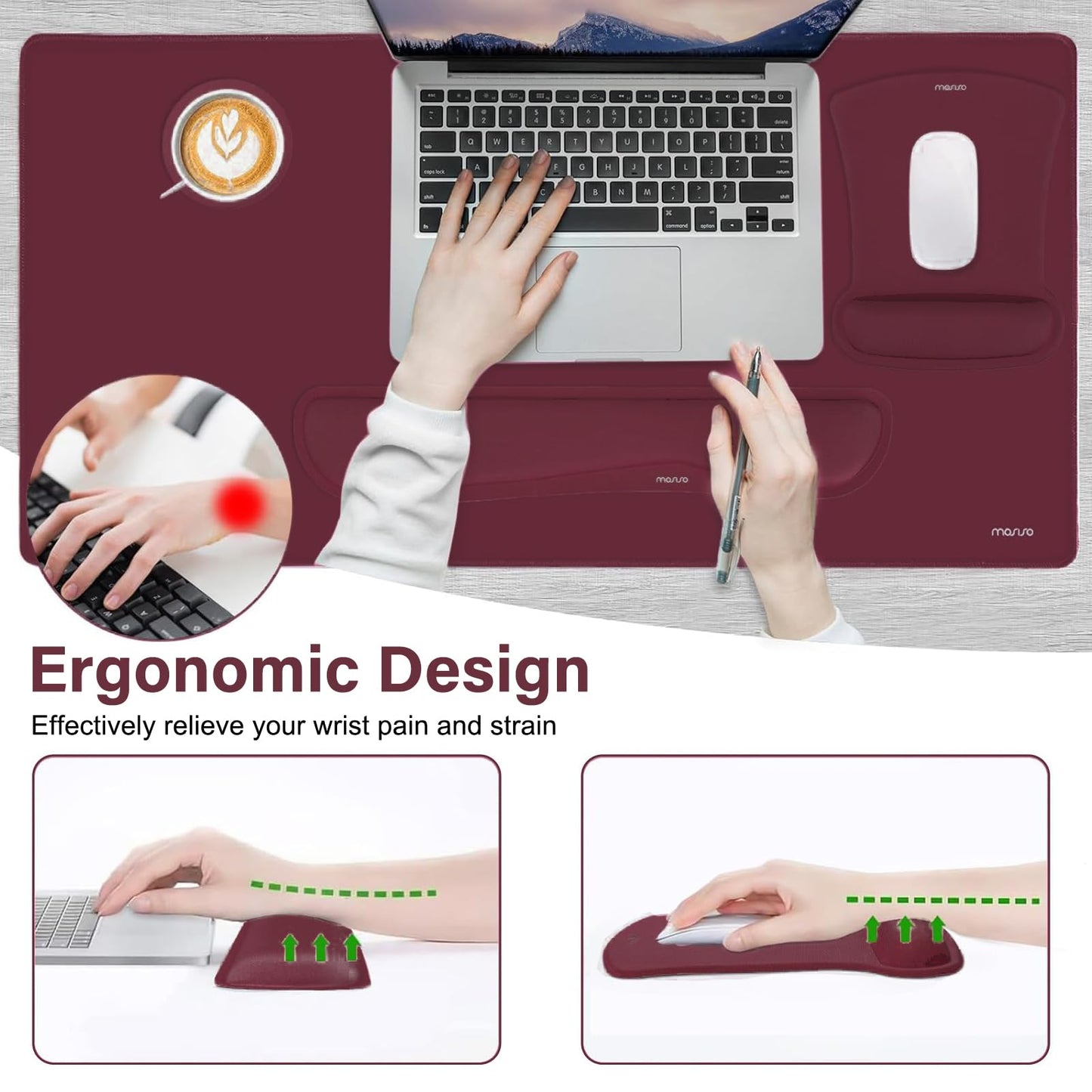 MOSISO Keyboard Mouse Pad Set, Large Gaming Mousepad&Keyboard Wrist Rest&Mouse Wrist Rest&Coaster, Ergonomic Non-Slip Mousepad&Easy Typing Cushion with Memory Foam for Home Office, Wine Red