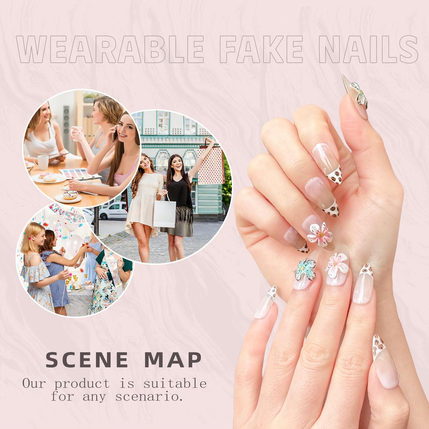 Handmade Press on Nails – Reusable False Nails with Leopard Print French Design, Gradient Tropical 3D Flower Art, Medium Almond Shaped Fake Nails (10PCS-S)