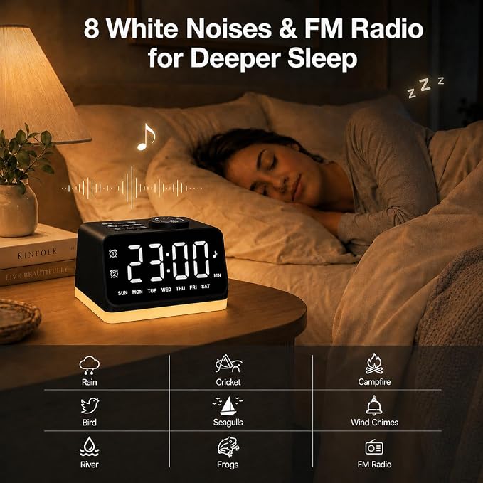 JALL Digital Alarm Clock with FM Radio for Bedroom, 8 Colors Night Light with 2 Charging Port, Sleep Sound Machines with Timer, Dual Alarm, Loud Alarm and Easy to Use for Seniors as Gift