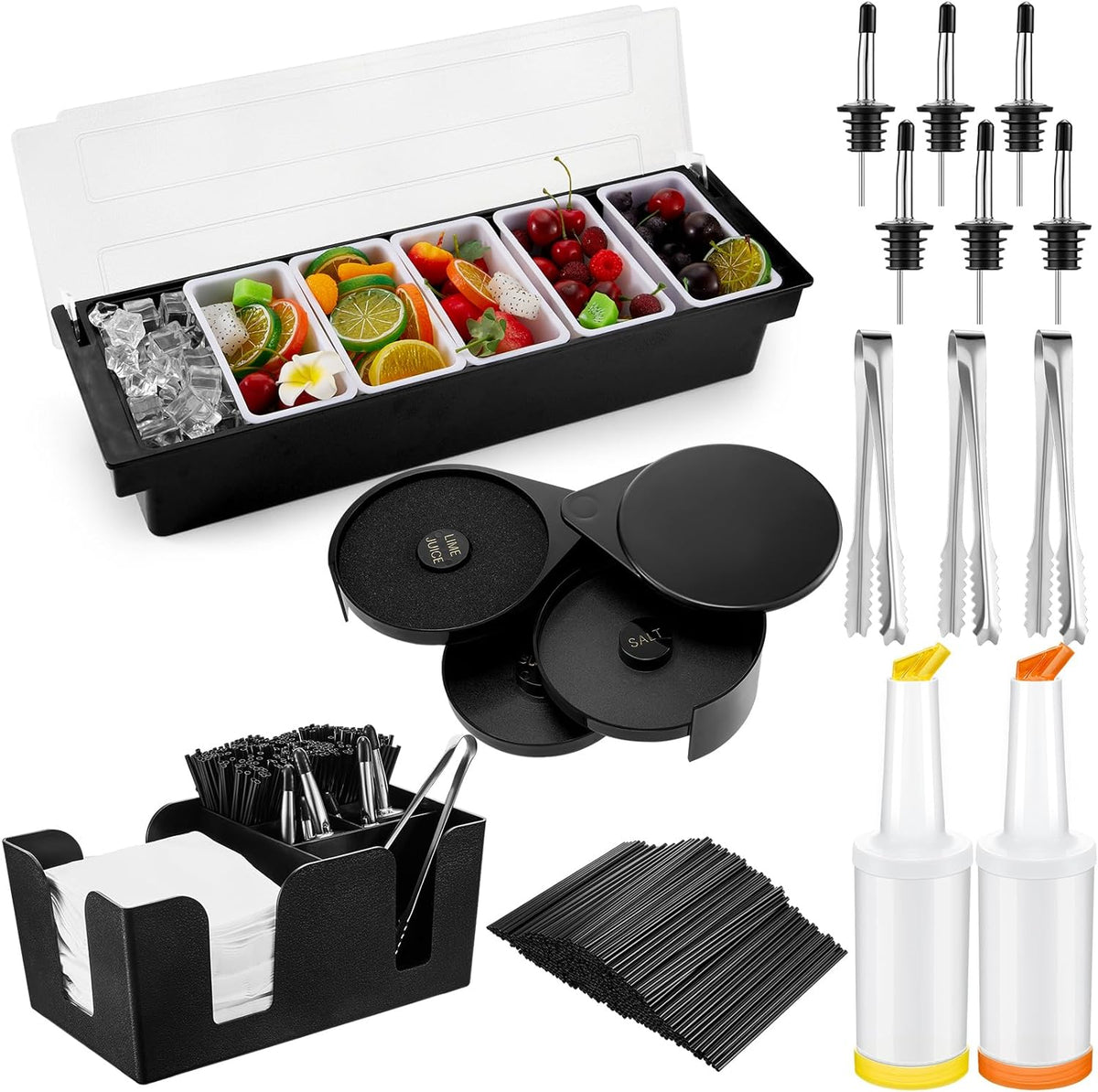 Mifoci Garnish Tray with Lid Bar Caddy 3 Tier Glass Rimmer 12 Stainless Steel Bottle Pourers 2 Plastic Juice Pour Bottles 1000 Count Cocktail Straws 3 Serving Tongs(6 Compartments,Plastic)