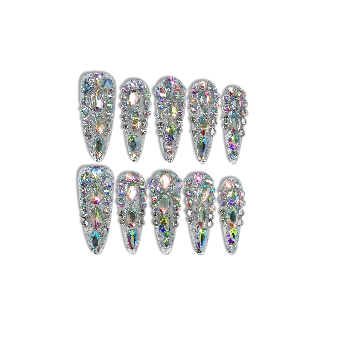 TENPAL 10Pcs Luxury Press On Nails Long Stiletto,Full Cover Crystal Glitter Fake Nail Set with Tools,Reusable Bride Wedding Nails for Bridal Party Bachelorette,Statement Making Glamorous Nail(L)
