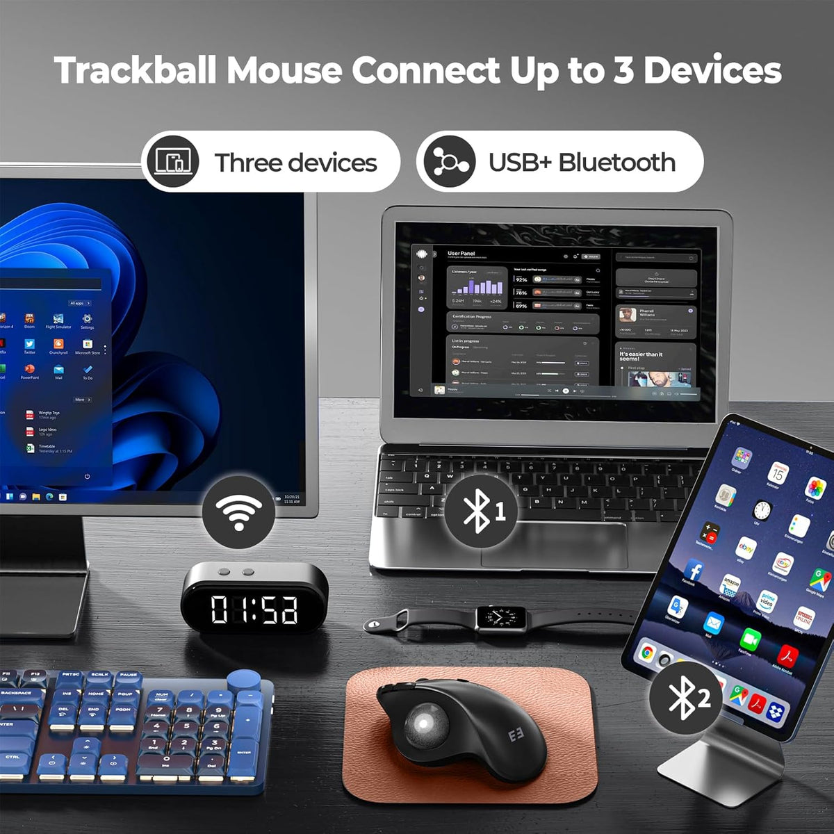seenda Wireless Trackball Mouse Ergonomic - Bluetooth Rollerball Mouse Rechargeable, Multi Devices Connection Thumb Control Mice Compatible for Mac/Android/Windows Computers - Black
