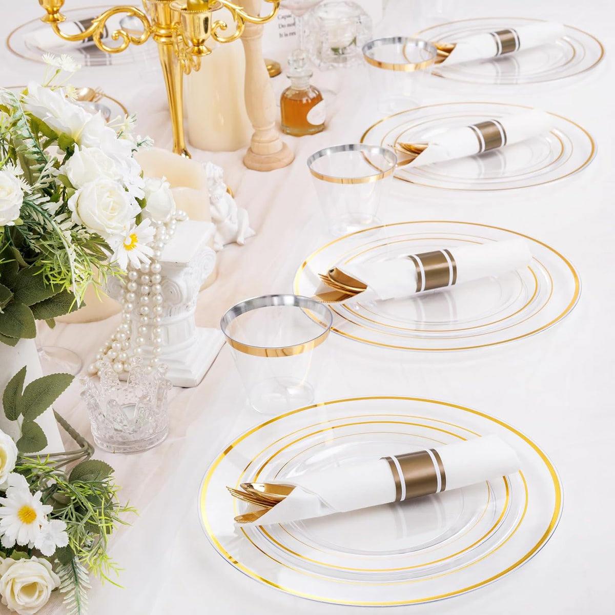 WELLIFE 350PCS Clear-Gold Plastic Plates - 100 Disposable Plates, 150Plastic Silverware, 50 Cups, 50 Napkins for Wedding & Party