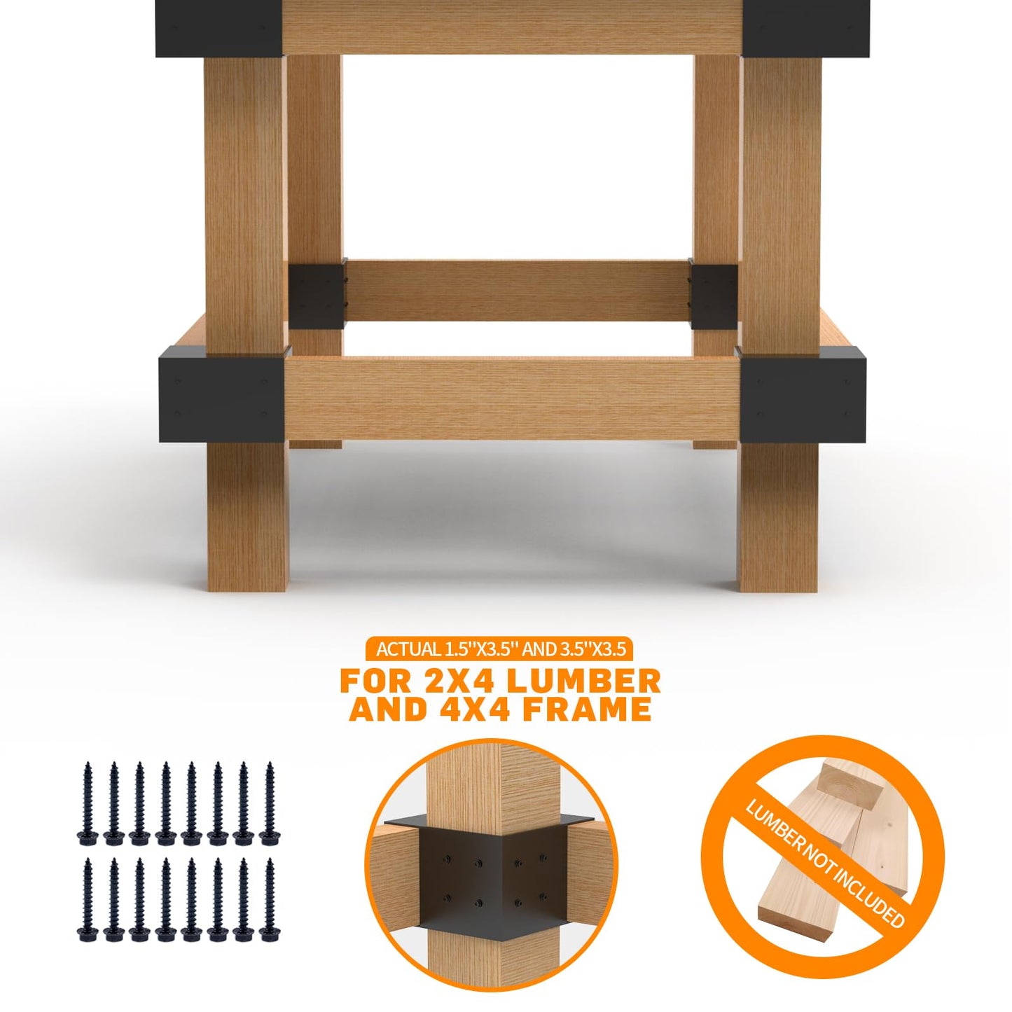 Heavy Duty Workbench Bracket Kit – Set of 4 Steel 3-Way Brackets for 4x4 and 2x4 Lumber, Ideal for DIY Garage Work Bench Legs, Woodworking Tables, Workshop Shelves, Planer Stands, and Kitchen Islands