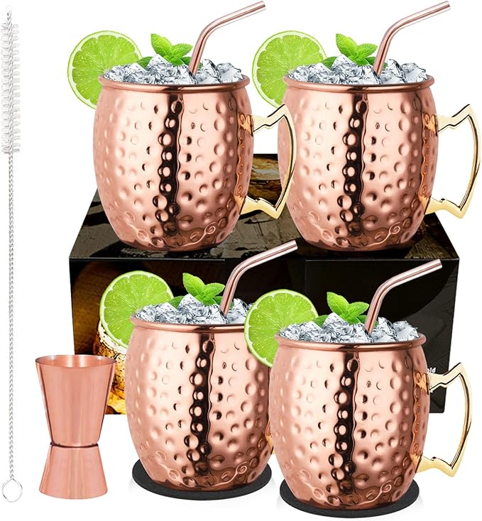Moscow Mule Copper Mugs Set of 4, Copper Cups with Straws, Jigger, Coasters, Straw Brush for Party, Bar, Stainless Steel Lining, 19.5oz Gifts Set