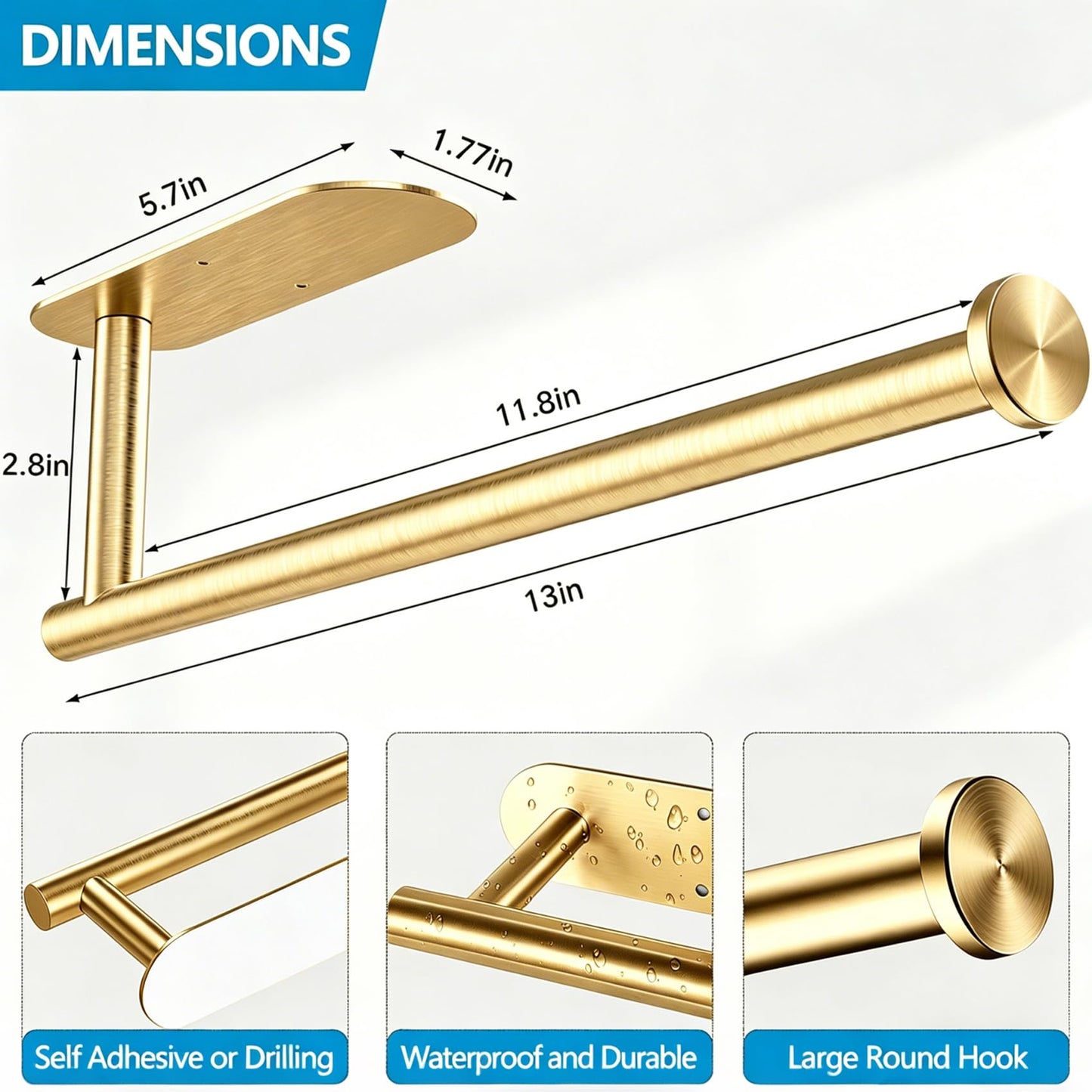 Gewtur Gold Paper Towel Holder Under Cabinet, Adhesive Paper Towel Roll Holder Stick on Wall, Stainless Steel Towel Paper Holder for Bathroom Kitchen