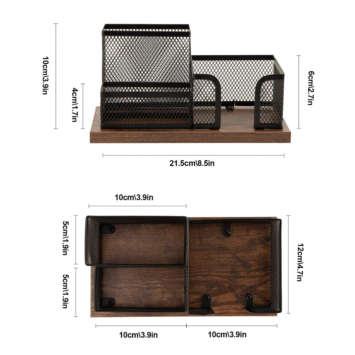 ASIFMTHOT Antique Wood & Mesh Pen Holder Office Supplies Caddy, Storage Baskets for Desktop Accessorieswith Sticky Notes Holder,3 Compartments(2 Pack Black)
