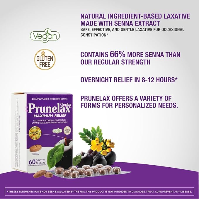 Prunelax Ciruelax Maximum Relief Laxative Tablets with Natural Senna for Occasional Constipation, Senna Extract, Vegan & Gluten-Free, Gentle Overnight Relief - 60ct