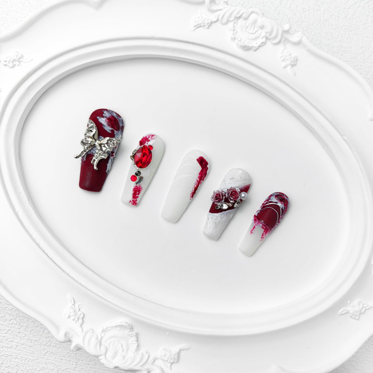 GGddsha 2025 Burgundy Medium Press on Nail Hand-painted Irregular Frosted Design w/Rhinestones Flower Butterfly Handmade Reusable PMMA Acrylic Matte Full Coverage Nail (Hand-painted Pattern, Medium)