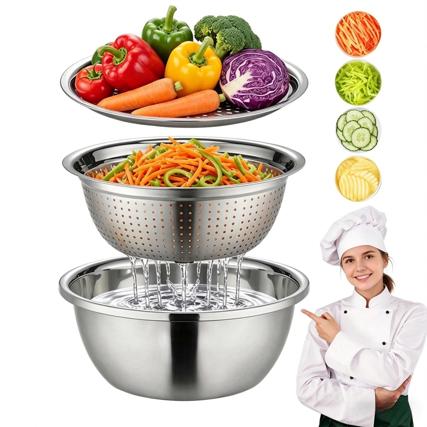 Germany Multifunctional Stainless Steel Basin - 2026 New 3-in-1 Grater Strainer and Drain Basket Set with Vegetable Slicer, 10.24 Inch for Kitchen Rinsing Draining Mixing