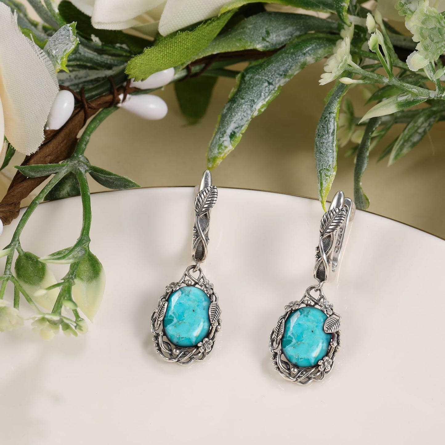 Phyonio Western Blue Oval Turquoise Dangle Earrings for Women Leaf Vine Flower Latch Back 925 Sterling Silver Earring Vintage Oxidised Boho Jewelry Valentines Day Gift for Wife