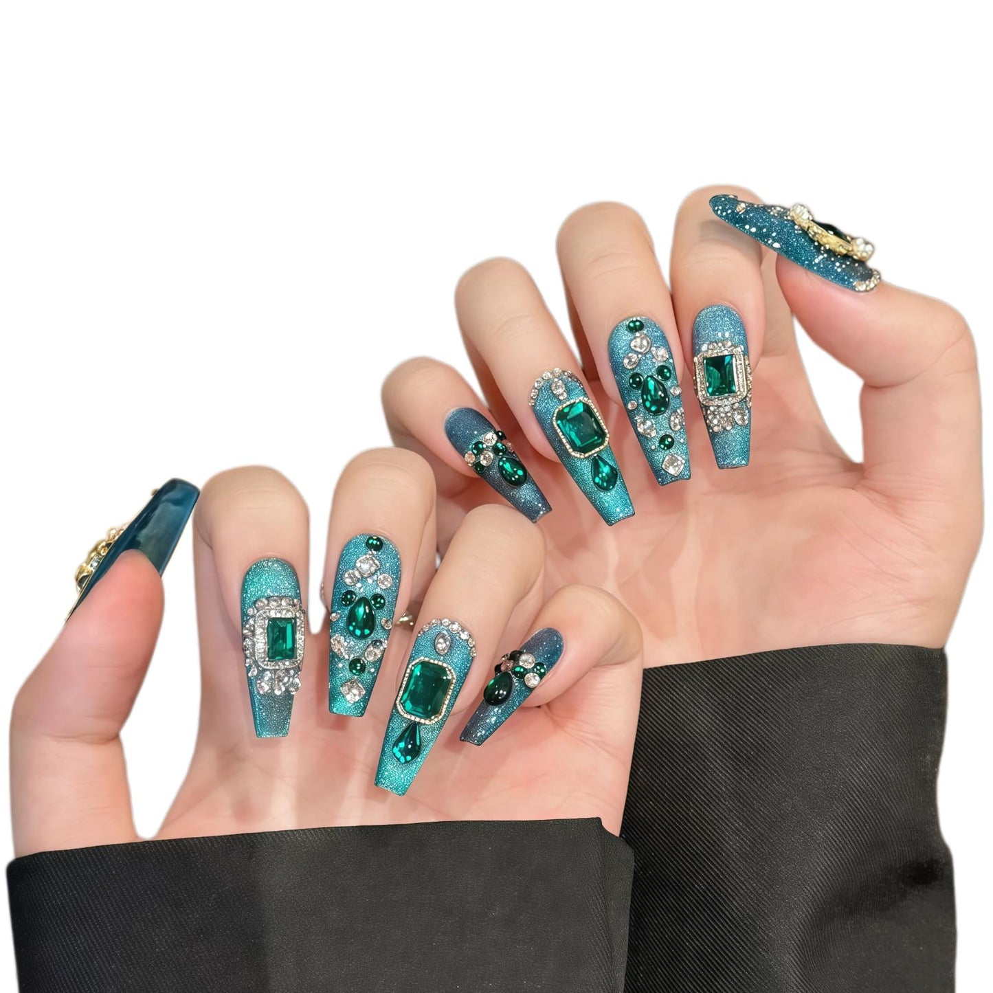 Tesytto Handmade Emerald Green Press on Nails with 3D Luxury Crystals - Long Coffin Fake Nails for Wedding Prom, Reusable Salon Quality Stick on Nails(Emerald Green Sparkle,M)