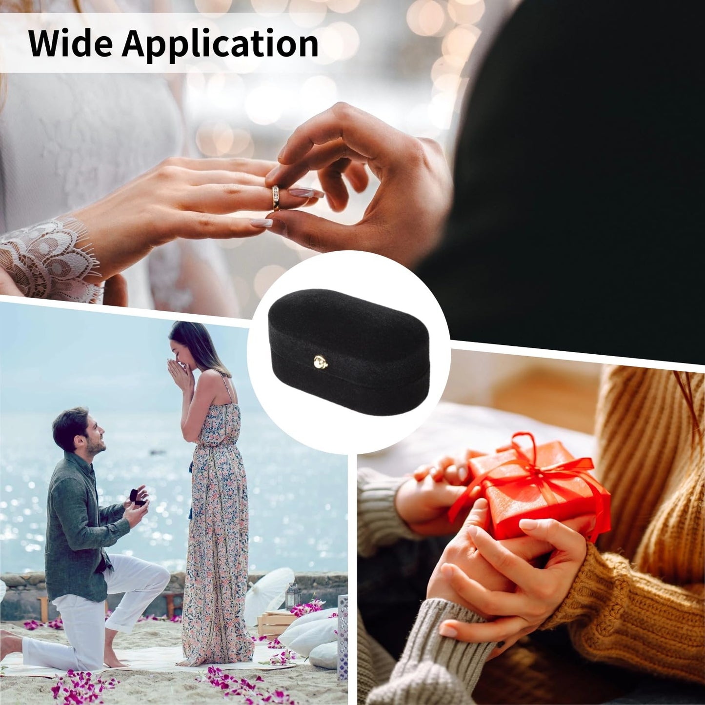 Toyosport 2 PCS Dual Slots Velvet Ring Boxes, Black Elegant Oval Ring Case for Weddings and Anniversaries