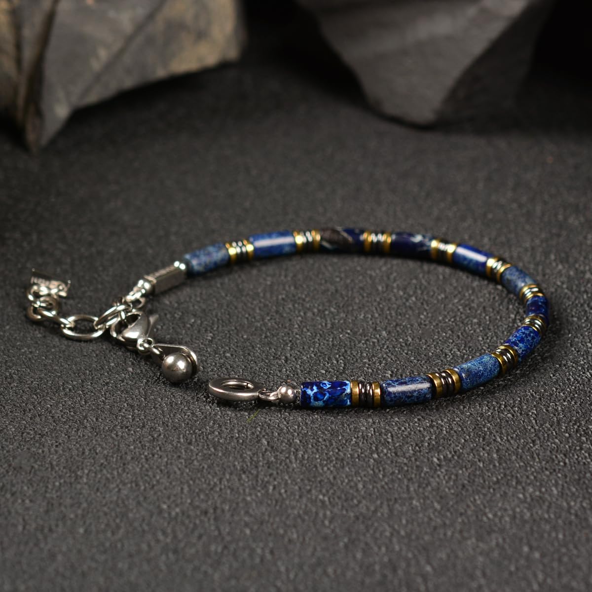 Casvia Blue Sovereign Men's Chakra Bracelet, Handcrafted Blue Emperor & Hematite Beads, Adjustable Stainless Steel Dual Clasp, Thickened Wire Gift for Dad Boyfriend Husband