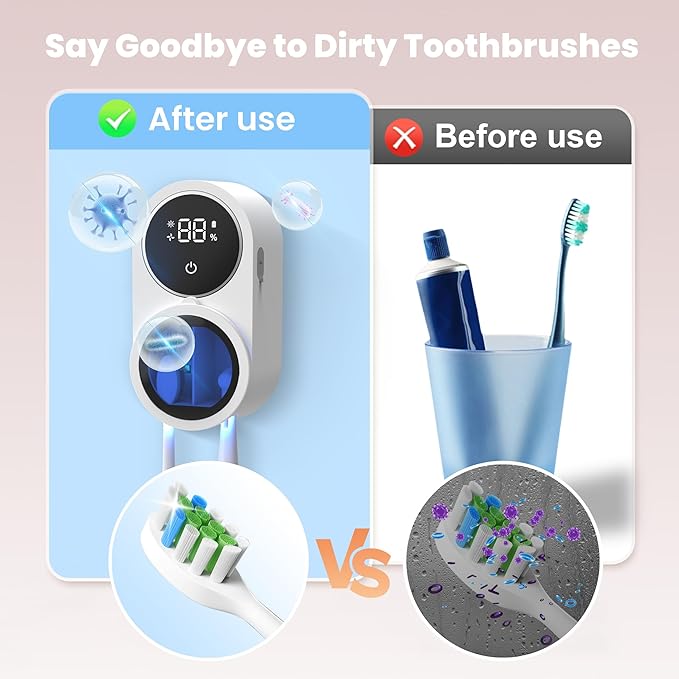 Toothbrush Holder and Cleaner for Bathroom Light Cleaning Fan Drying Round in Circle Automatic Rotating Cover Wall Mounted Smart Home Gadgets (01 White)
