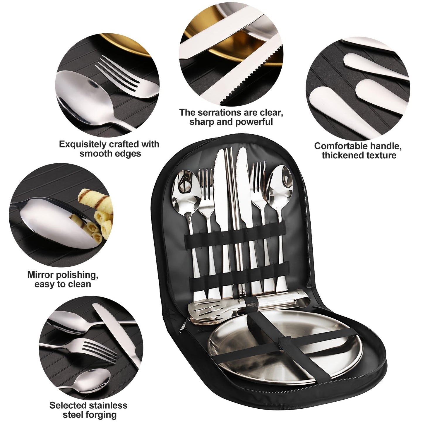 KEJJRIUTN Camping Cutlery Set, 12-Piece Stainless Steel with Plates and Case, Portable Outdoor Dining Kit, Silver