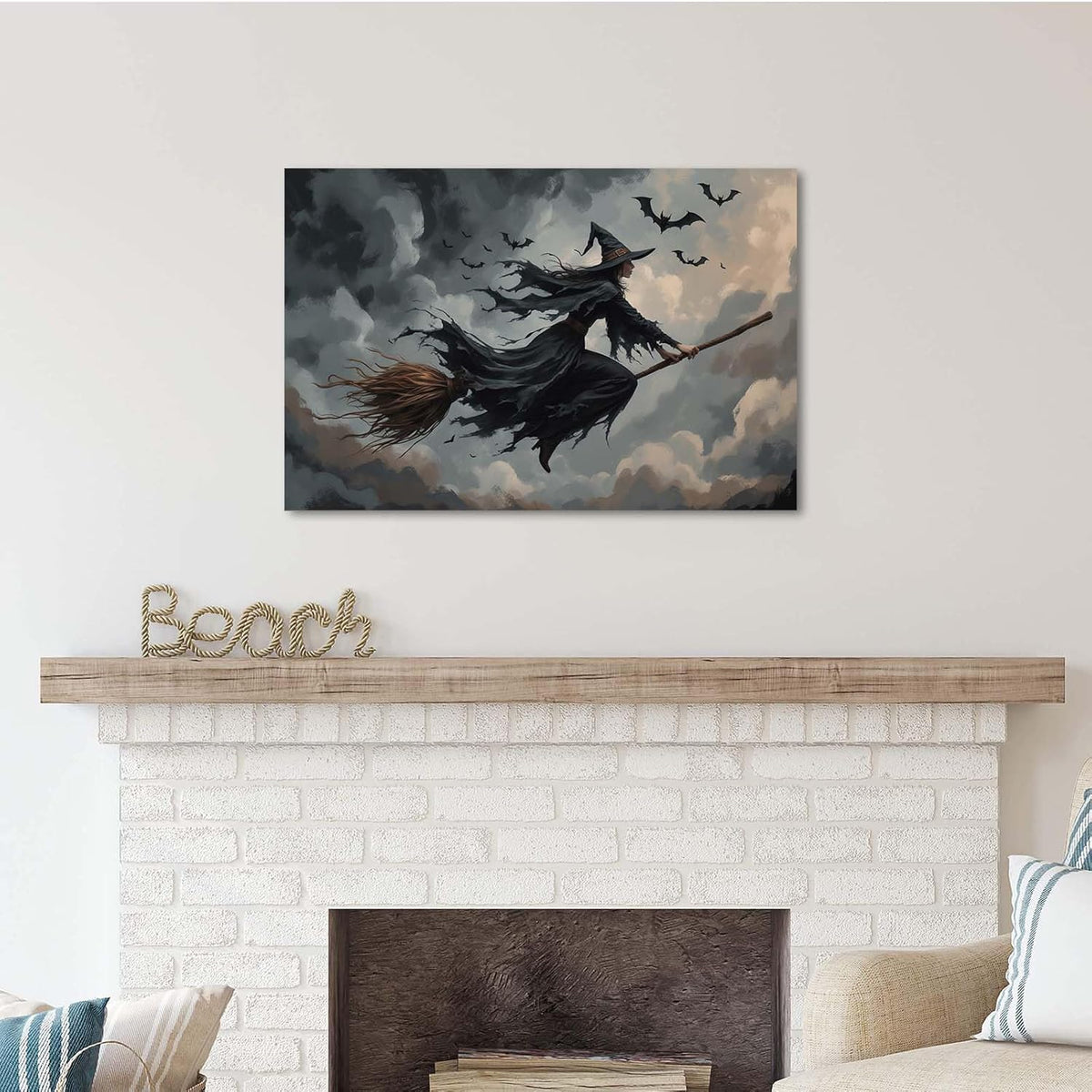 Witch and bat flying Halloween poster suitable for home party wall decoration retro Halloween preppy style wall art canvas print suitable for room decoration12x16in Wood Framed