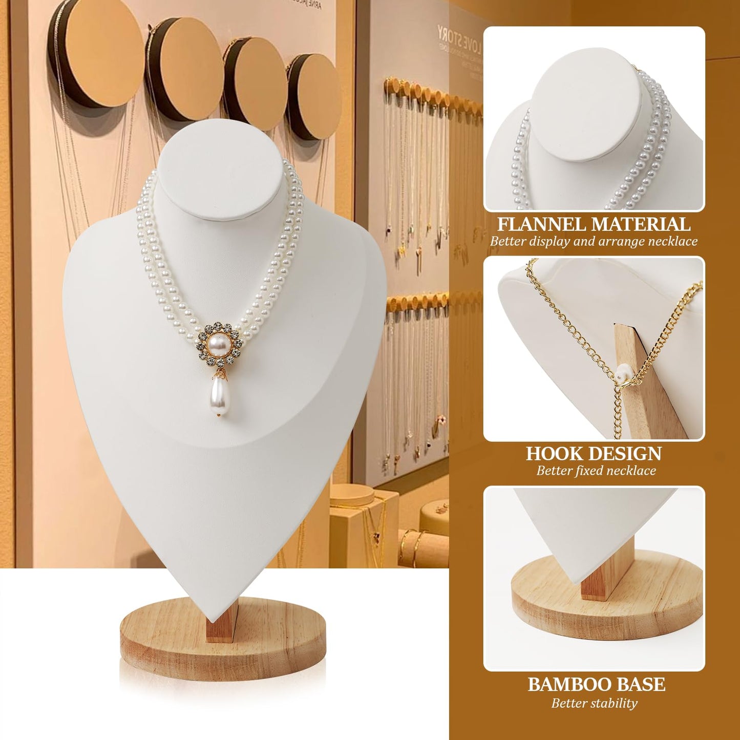 PRALENA Necklace Display Stand Bamboo Jewelry Bust Display Stands Necklace Bust for Selling for Vendors (Beige, 11.4 * 7.5 Inch)