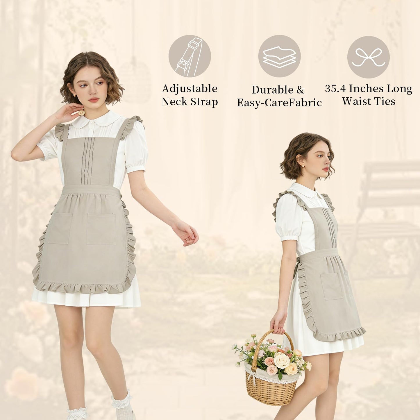 Vintage Ruffle Apron for Women with Pocket, Frilly Kitchen Cooking Waitress Maid Costume Skirt Style（Beige）
