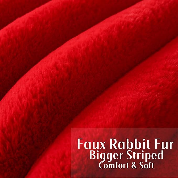 FUTEI Christmas Red Decorative Throw Pillow Covers 22x22 Inch Set of 2, Square Soft Faux Rabbit Fur Thick Striped Cushion Cover,Winter Home Decor for Couch Bed Living Room