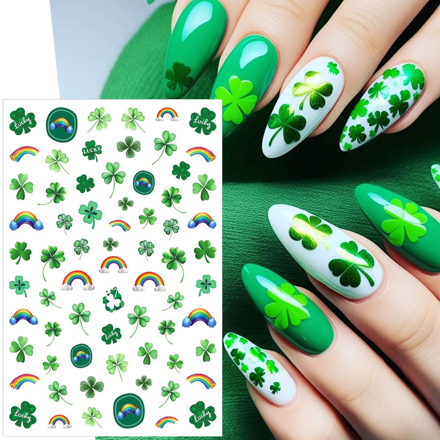 6Pcs St. Patrick's Day Nail Stickers Set Customized and Unique Irish Shamrock 3D Self-Adhesive Nail Decals Lucky Clover Four Leaf Design Green Shamrock Sticker for Saint Patricks Day Nail Decoration