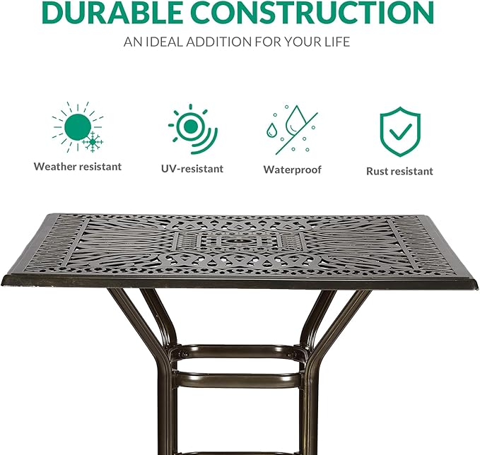 VIVIJASON 5-Piece Bar Height Patio Dining Set, All Weather Cast Aluminum Outdoor Table and Chairs Set with 4 Swivel Bar Stools, Cushions & 35.4" High Bar Table w/Umbrella Hole for Deck, Lawn, Garden