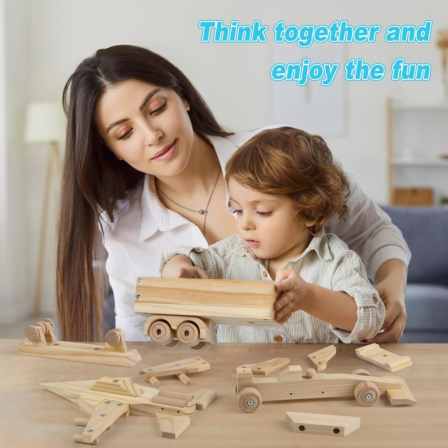 VOMOCNET 3 Pack DIY Wooden Model Building Kit, Includes Fighter Jet, Truck, Race Car, Paint Your Own Arts and Crafts, STEM Toys Birthday Gifts for Boys Girls