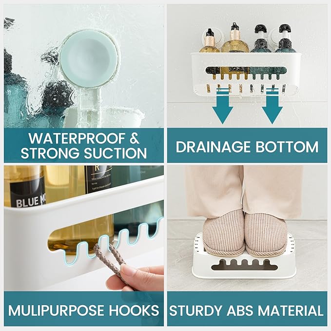 TAILI Shower Caddy Suction Cup 2 Pack, Heavy Duty Bathroom Organizer, Removable Shelves for Inside Shower, Shampoo, Waterproof Suction Plastic Storage for Bathroom Accessories Holder, White
