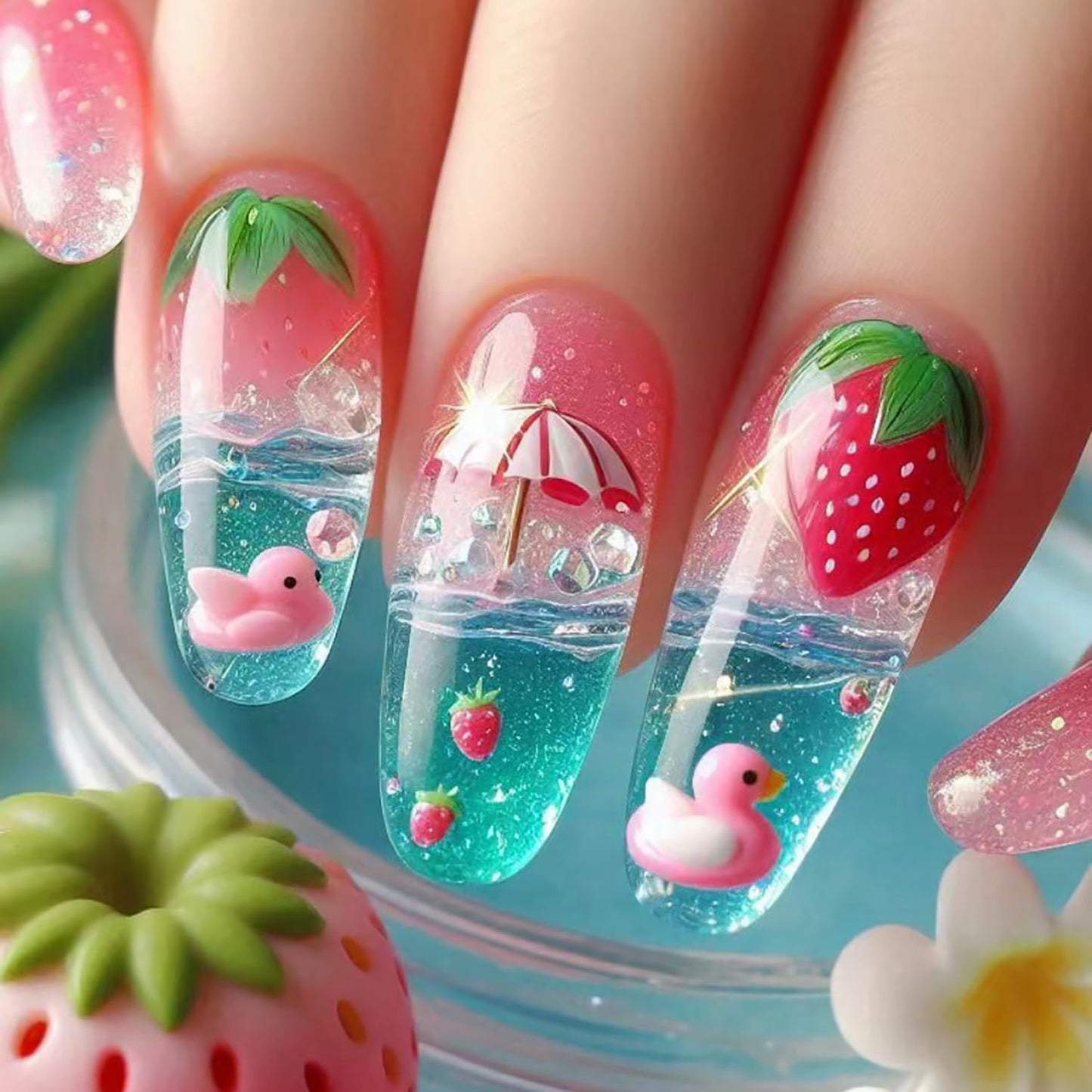 Press on Nails Long Ballet Shaped Strawberry Cute Duck Pattern Design Pink Acrylic Fake Nail Full Cover Glossy Artificial Stick on Nails Summer Artificial Fingernails DIY Glue on Nails for Women