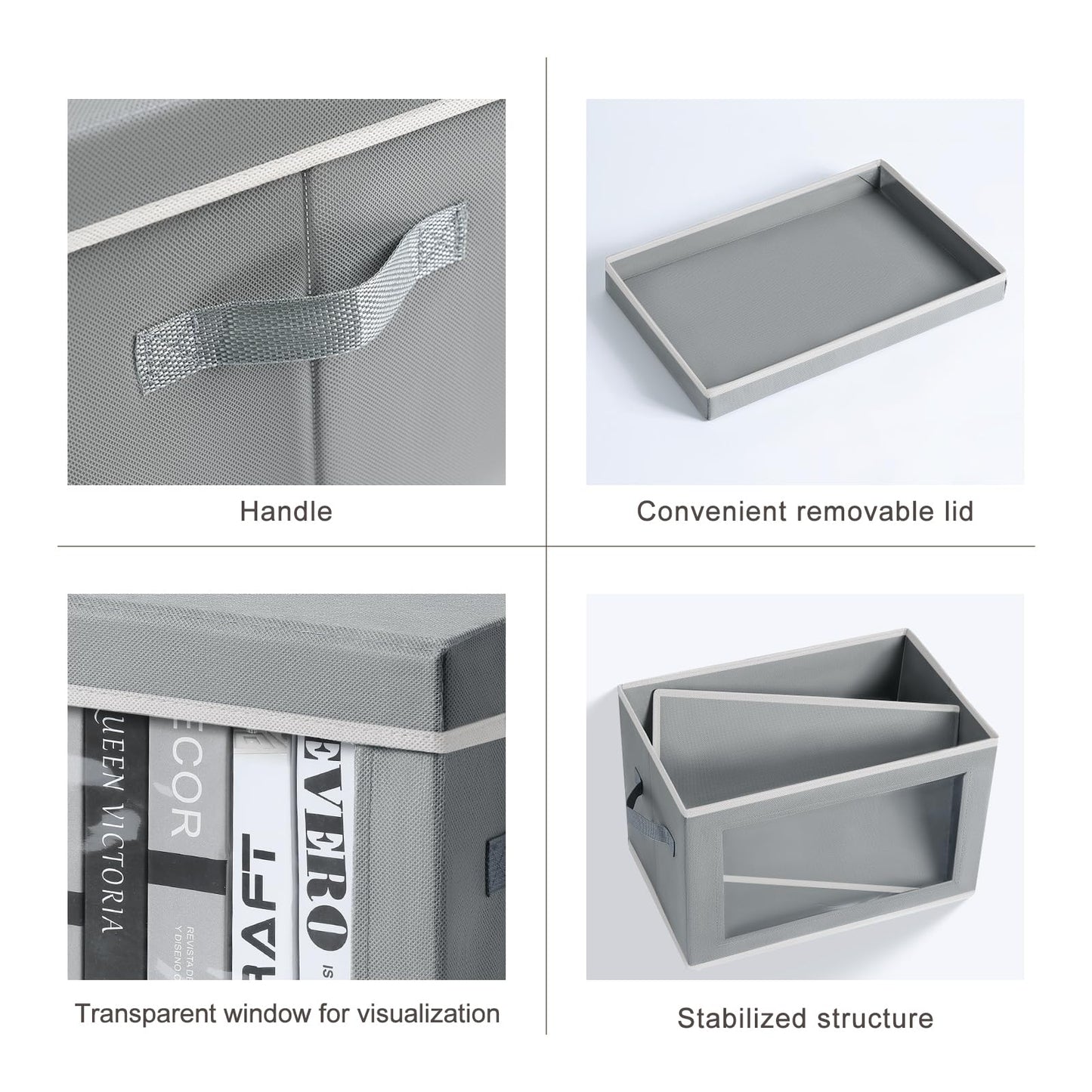 Homsorout Storage Bins with Lids - Fabric Closet Storage Bins with Window, Collapsible Baskets for Shelves 4 Pack, Home Decorative Boxes for Clothes, Closet, Office, Grey
