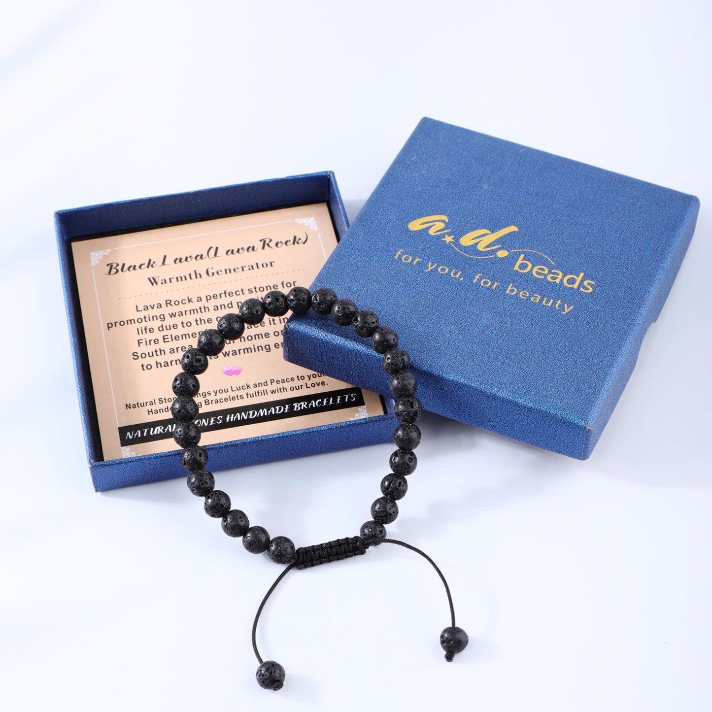 AD Beads 8mm Black Lava - Warmth Generator - Handmade Natural Stone Crystal Bracelet with Adjustable Macrame String - Yoga Healing Power Energy Gifts for Men and Women
