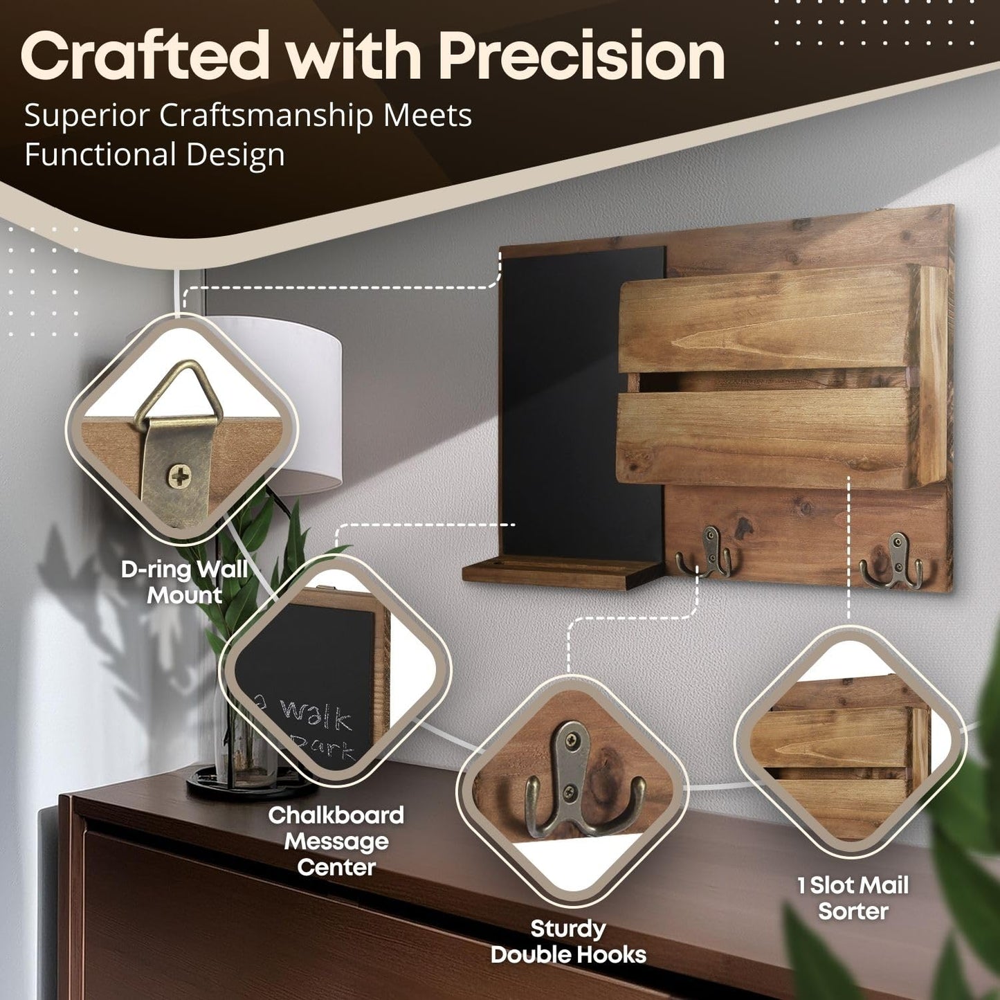 Flexzion Rustic Wood Entryway Mail Sorter Holder, Wall Mount Mudroom Storage Organizer with Blackboard Chalkboard Memo Board Message Sign & Key Hook Rack/f Front Door Furniture Accessory Home Office
