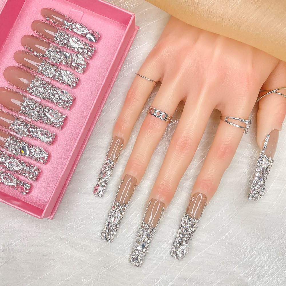 GGddsha 2025 New PMMA Acrylic Long Press on Nails with Semi-Applied Rhinestone Design Glossy Nails, Reusable Nail Set with Box Gift for Women (Rhinestone, M)