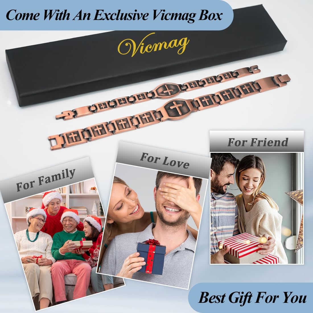 Vicmag 2PCS Men Copper Magnetic Bracelets for Couple Double Row 99.9% Solid Pure Copper Cross Bracelet Gift with Adjustment Tool