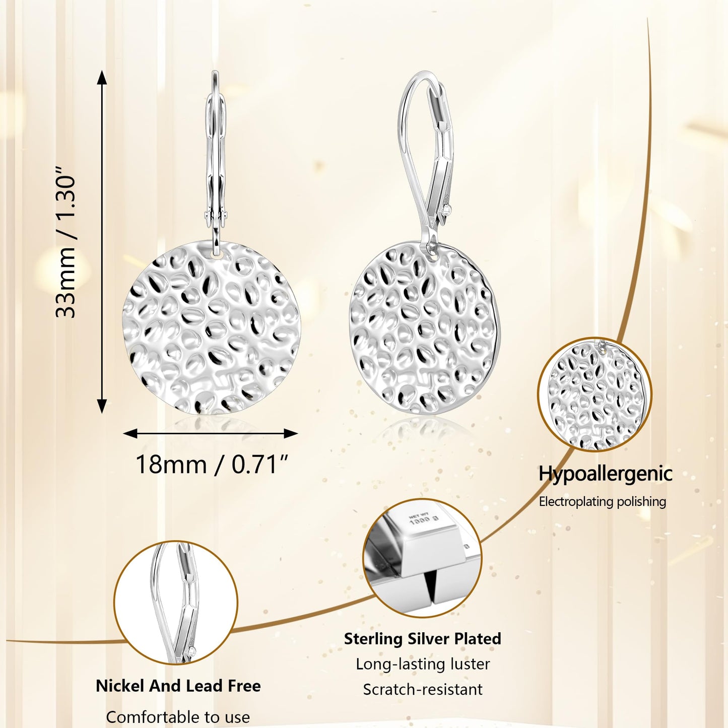 ALEXCRAFT Sterling Silver Hammered Dangle Earrings for Women Hypoallergenic Silver Disc Coin Drop Leverback Earrings Hammered Dangle Drop Earings for Women Jewelry Gifts