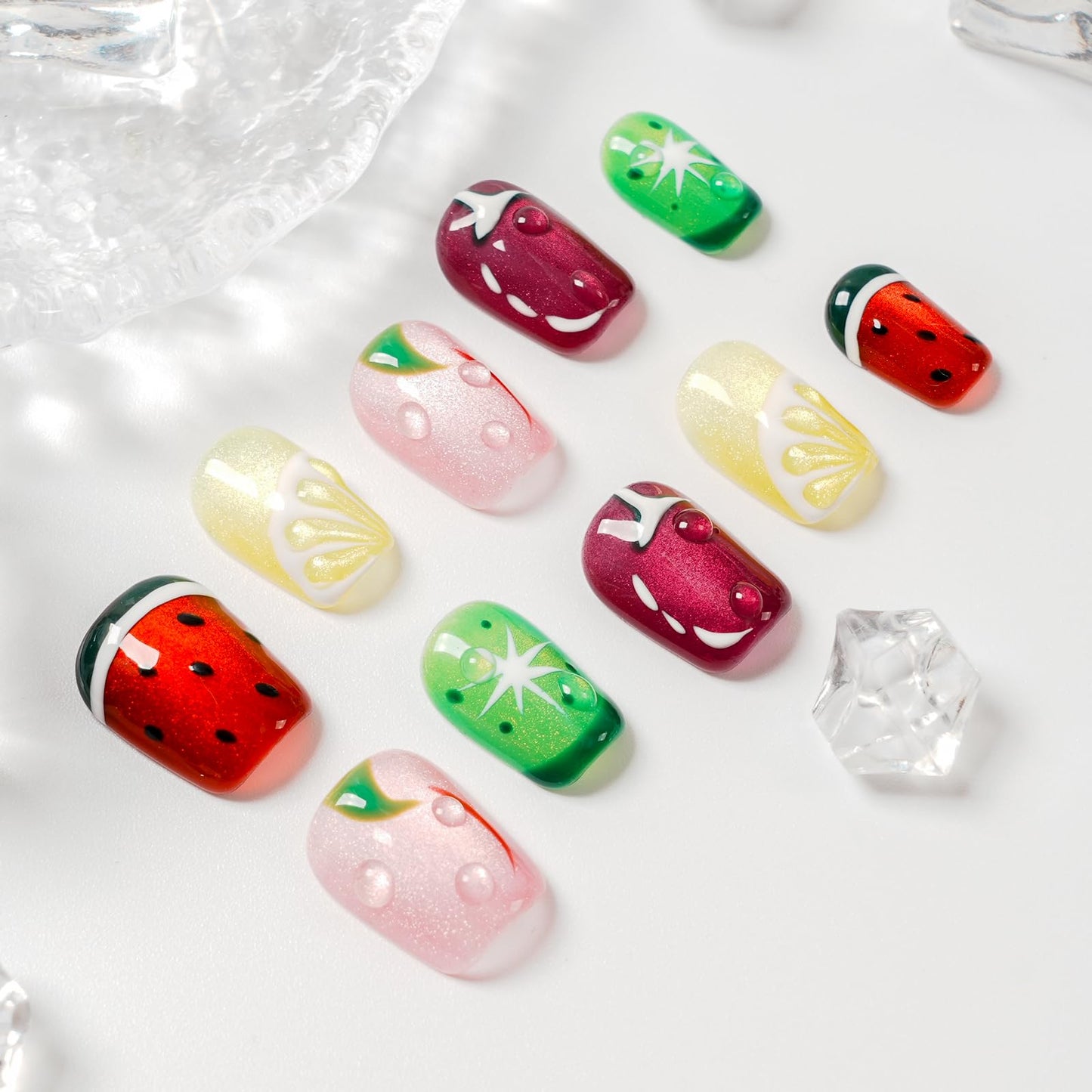Tesytto Glitter Press on Nails Short Coffin Summer Fruit Nails Cateyes with 3D Water Drop, Hand-painted Watermelon & Lemon Art, Reusable Acrylic Full Cover Fake Nails, 10pcs (Fruit Party,M)