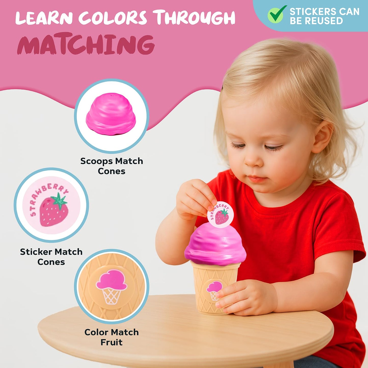 JoyCat Baby Toys 6-12 Months - Mystery Soft Box with 10 Sensory Objects, Rattle, Crinkle Paper, Mirror + Ice Cream Toys for Toddlers, Color Recognition Stacking Play Set with 7 Matching Cones & Scoops