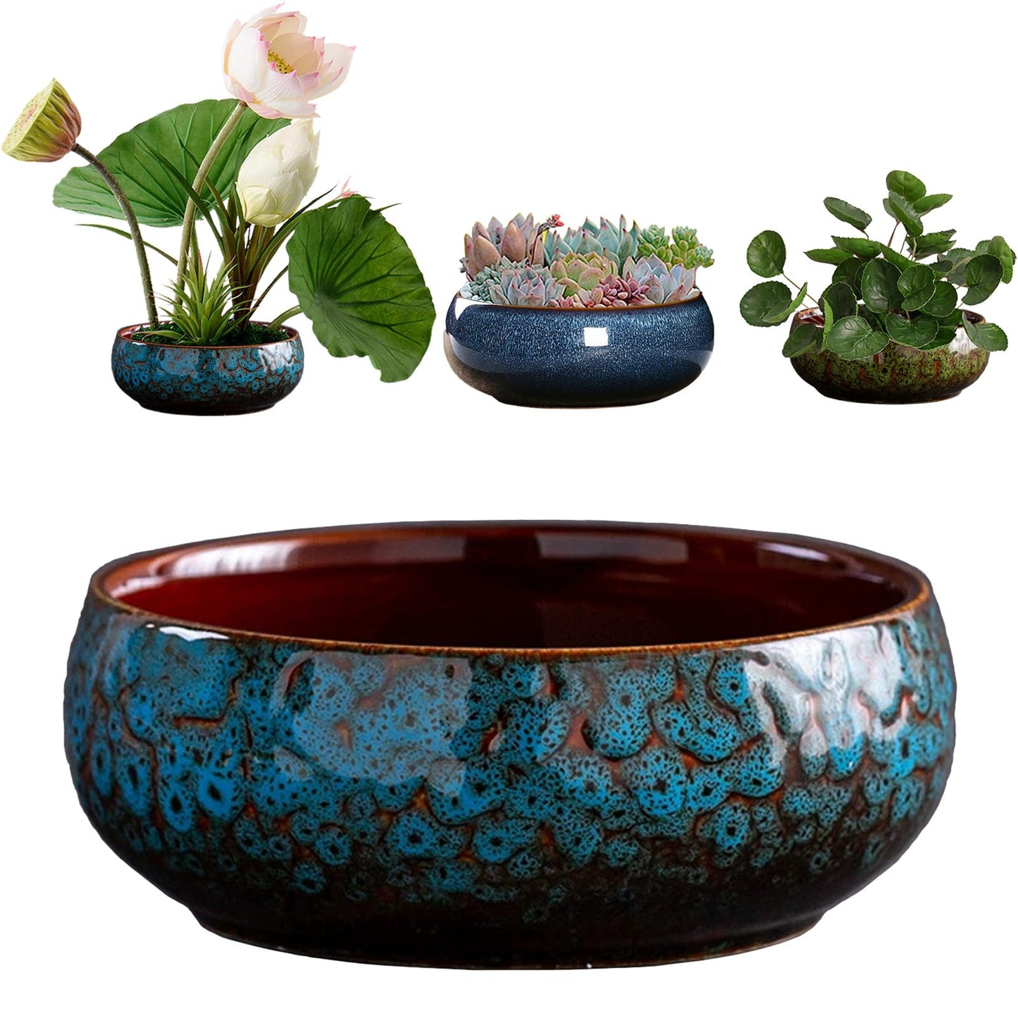 SnuggleTail Lotus Flower Bowl Planter 6.6" Round Pot– Ceramic Shallow Succulent & Water Lotus Pot – Wide Low Ceramic Bowl for Bonsai Indoor Decor