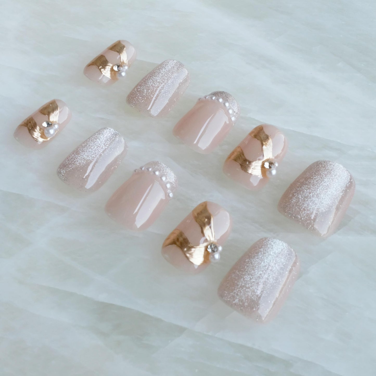 [GLORS] Purely Handmade Press On Nails | Elegant French Pink Pearl Gold Fake False Nail | Salon Quality in Short Square shape, 10 pieces (Medium, SS)