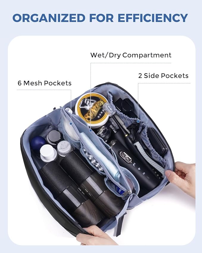 WANDF Toiletry Bag for Men, PU Leather Travel Organizer with Detachable Waterproof Hanging Pouch, Open-Flat Dopp Kit Shaving Bag with Wet Pocket for Travel Toiletries Accessories (Black)