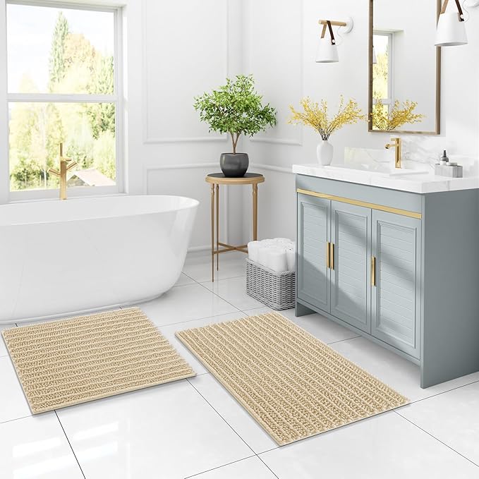 Arotive Luxury Chenille Bathroom Rug Mat, Extra Soft Thick Absorbent Shaggy Bath Rugs, Non-Slip Machine Wash Dry, Plush Bath Mats for Bathroom, Shower and Tub, 30x20, Cream Beige