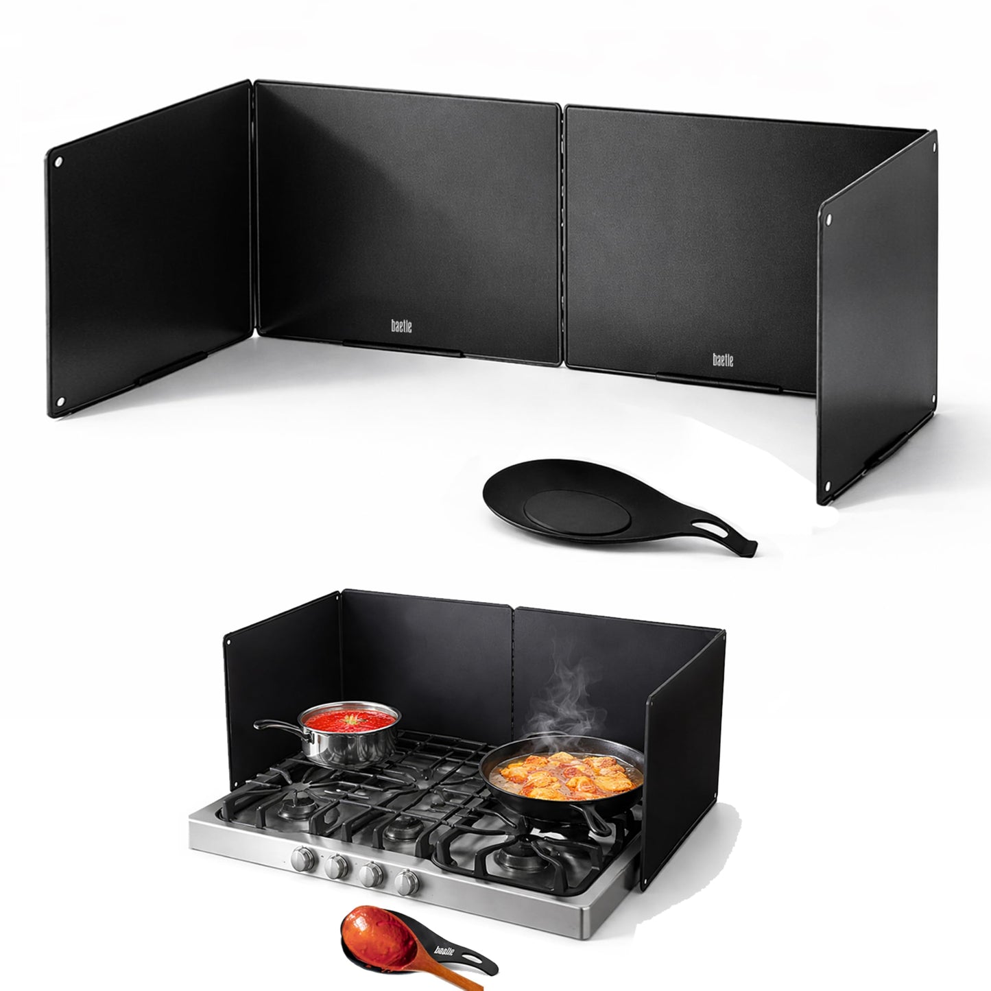 Foldable, Nonstick, Grease Splatter Guard for Stove Top by Baetle– Heavy-Duty Stainless Steel Oil Splash Shield, Premium Black Style, 29.5" Wide Back Panel, 13.6" Deep–with Spoon Rest