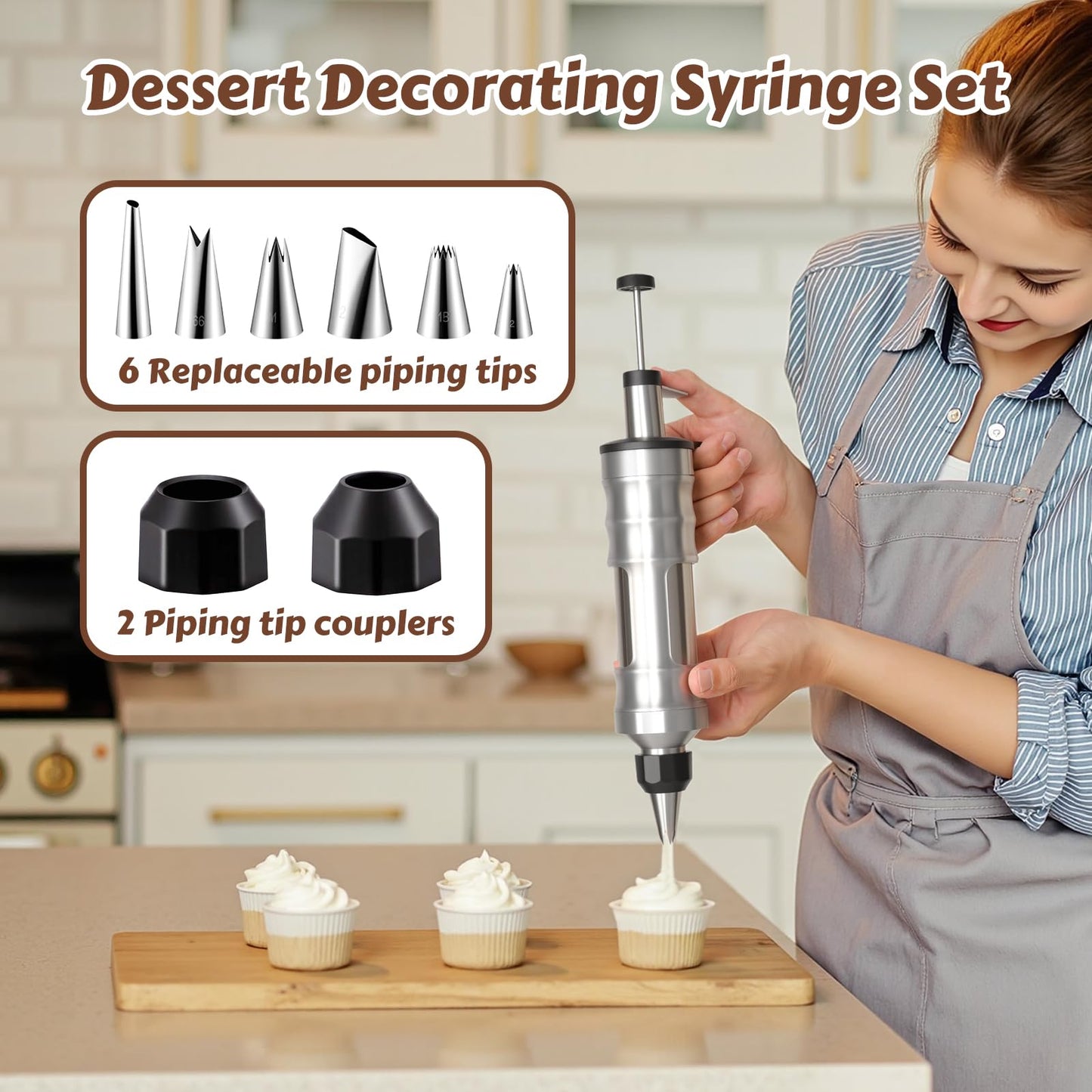 MIKESIER Dessert Decorating Syringe Set, Stainless Steel Frosting & Icing Piping Kit with 6 Tips and 9 Silicone Cupcakes,3 Cream Scraper for Cake Decorating Tools Cupcake Decorating Kit