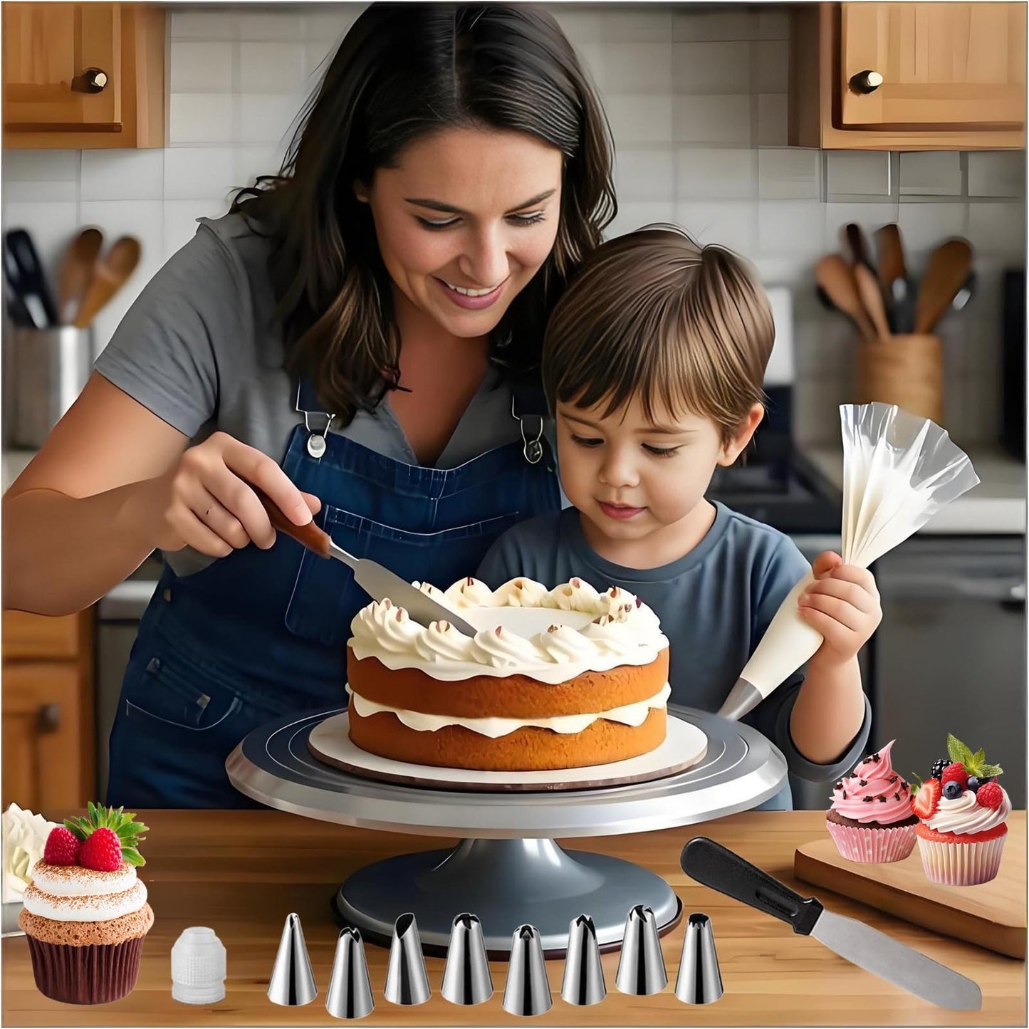 YOQXHY Cake Decorating Kit, 198 Pcs Baking Supplies Tools with Aluminium Cake Turntable, Leveler, 24 Numbered Icing Tips, 2 Spatulas, 3 Scrapers, 2 Couplers, 50 Pastry Bags, 50 Cupcake Liners & More