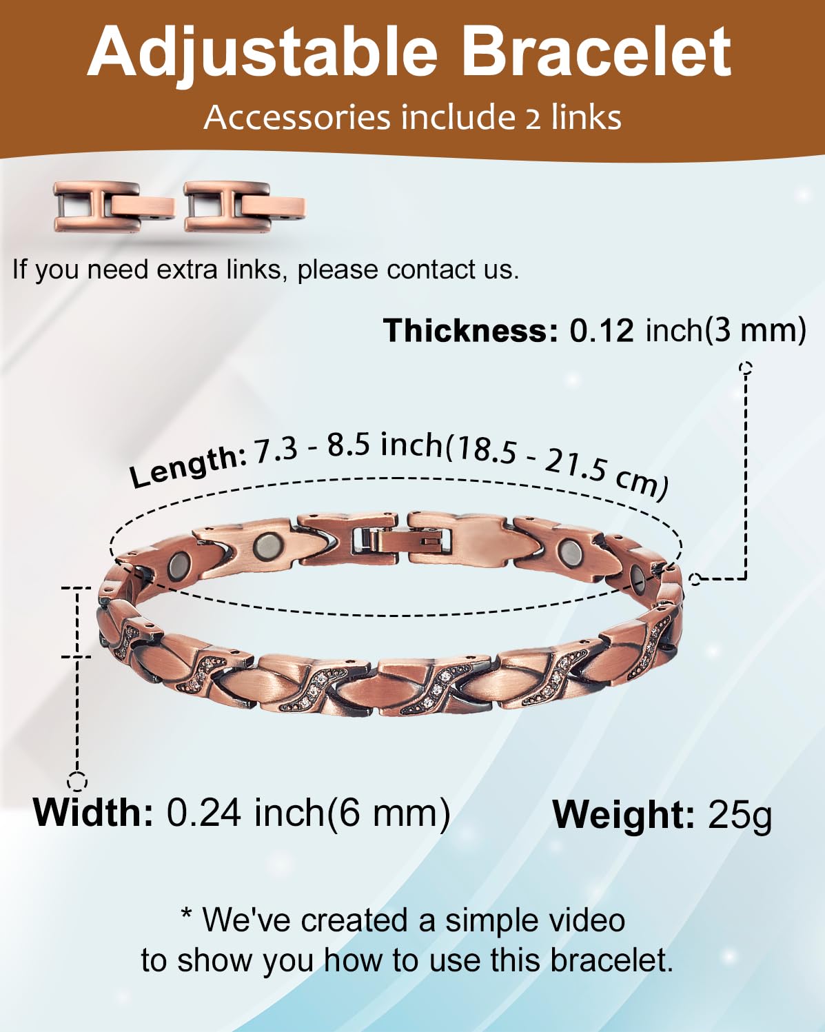 MagVIVACE Pure Copper Bracelets for Women, with 2 Extra Link(Copper)