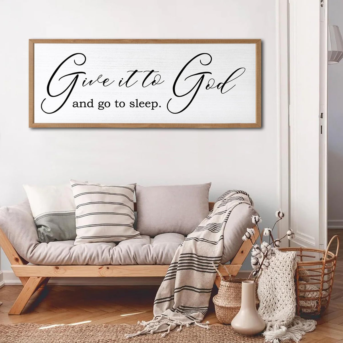 Give It To God And Go To Sleep Sign Wall Decor 40x15 Inch Large Farmhouse Master Bedroom Above Bed Hanging Wall Art Rustic Guest Room Wood Framed Over Bed Wall Decoration (Wood White)