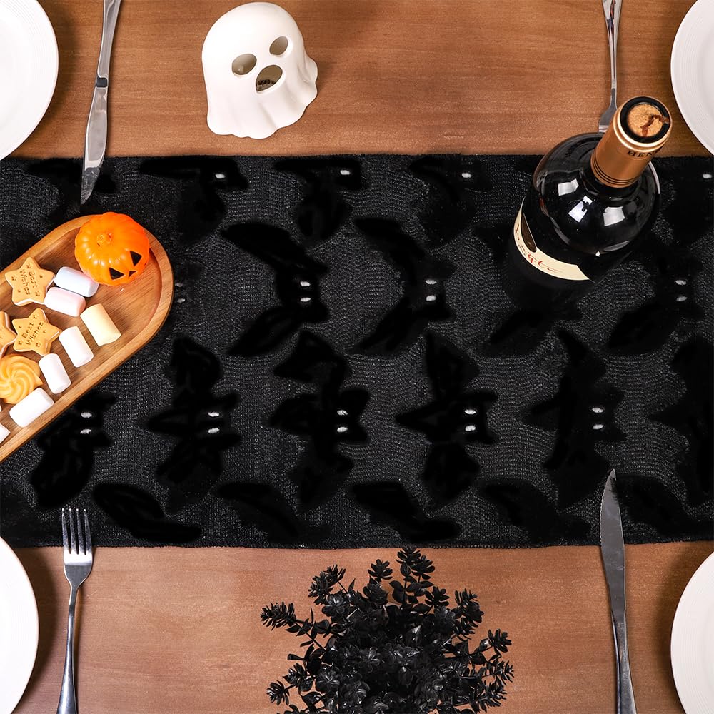 Heirloom Haven Black Bats Halloween Table Runner 13x72 Inch,Soft Plush Faux Fur Jacquard Seasonal Holiday Kitchen Dining Tabletop Runners for Home Indoor Decoration