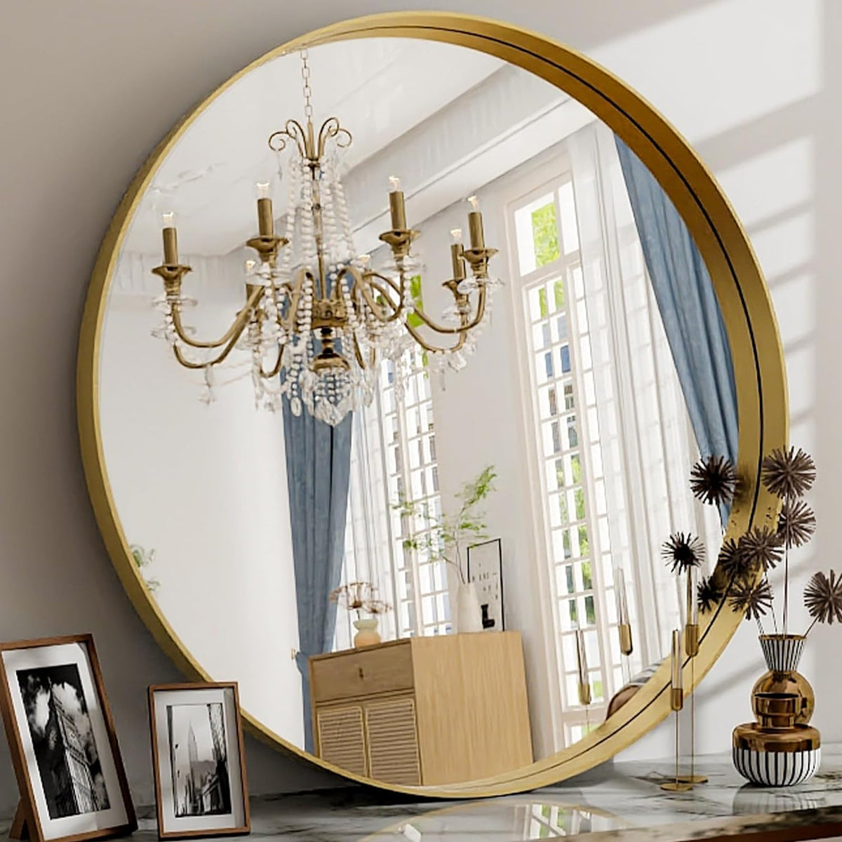 24 Inch Round Bathroom Mirror - Wall Mounted Circle Mirror with Metal Frame, Modern Mirror Suitable for Bathroom, Vanity, Entryway, Living Room, Wall Decor,Gold